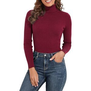 Ribbed Turtleneck Long Sleeve Burgundy Sweater, XL, 12F-198T001